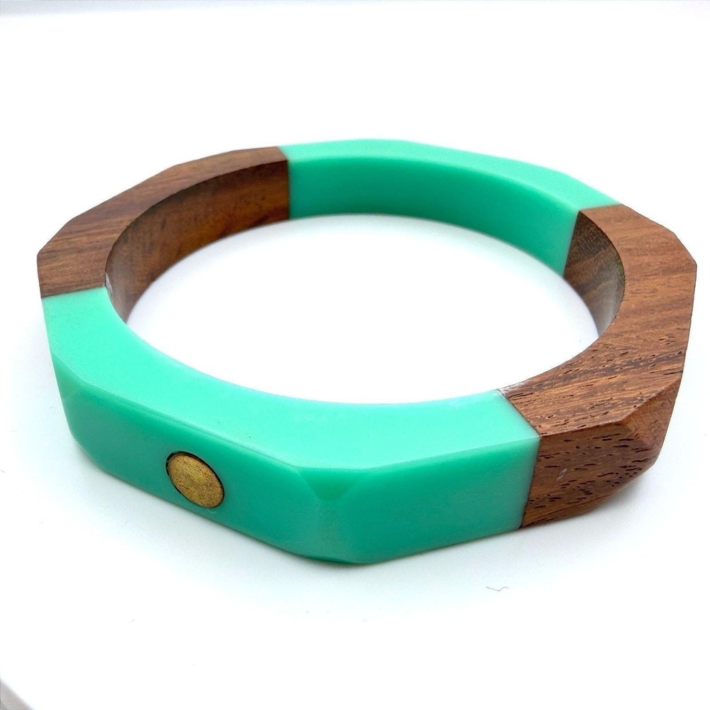 Vintage Wood & Aqua Enamel Hinged Bangle Bracelet Gold Tone Accent Cuff 90s Y2K